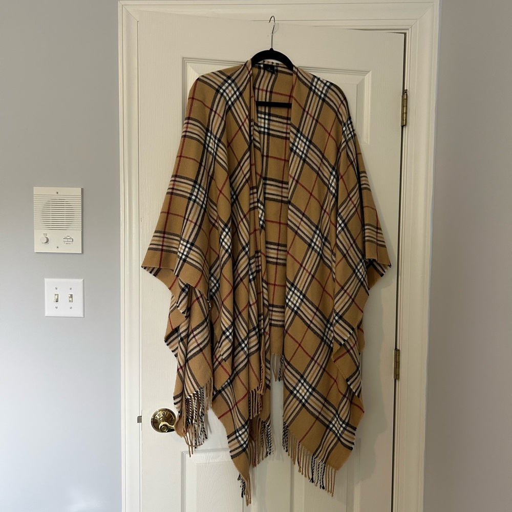 V. FRAAS Tan and Black Plaid Scarf with Fringed Edges